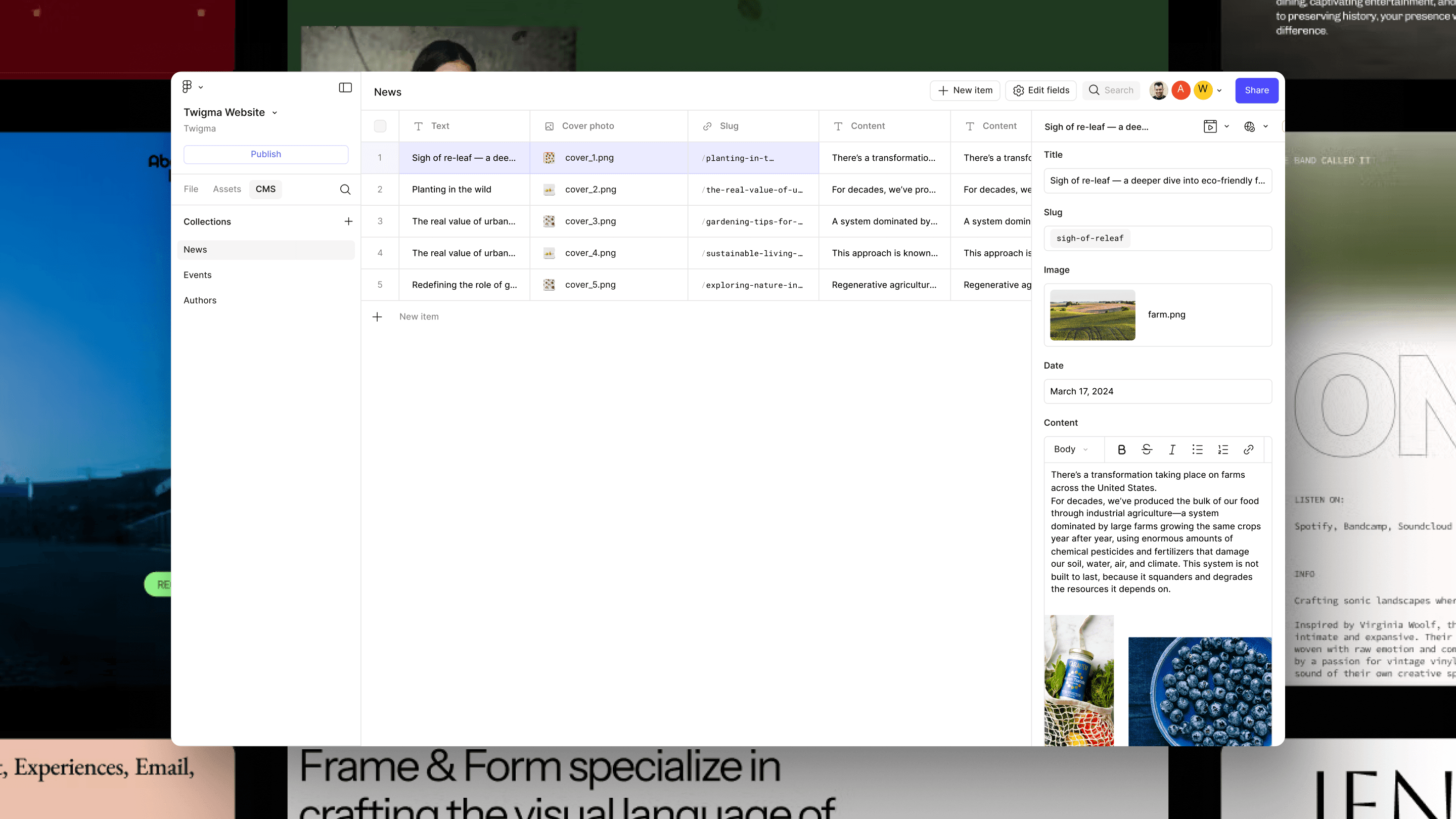 Figma's CMS: a table of collection entries beside the site page that renders them