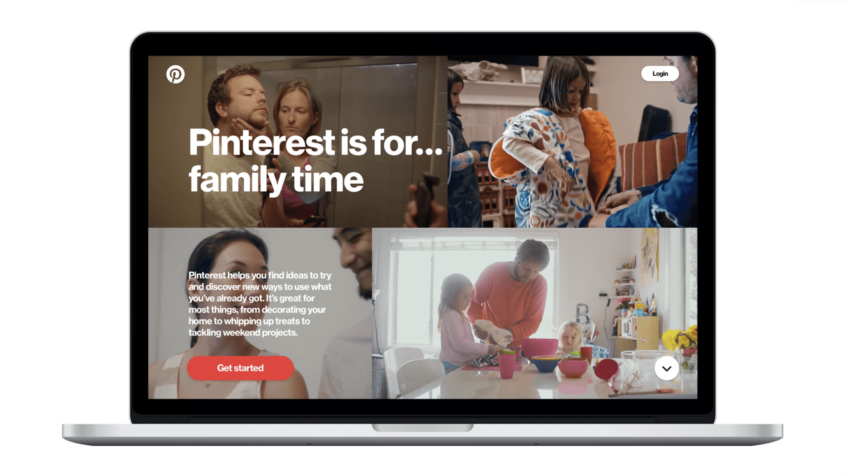 Pinterest's redesigned splash page on a laptop, headlined “Pinterest is for… family time”