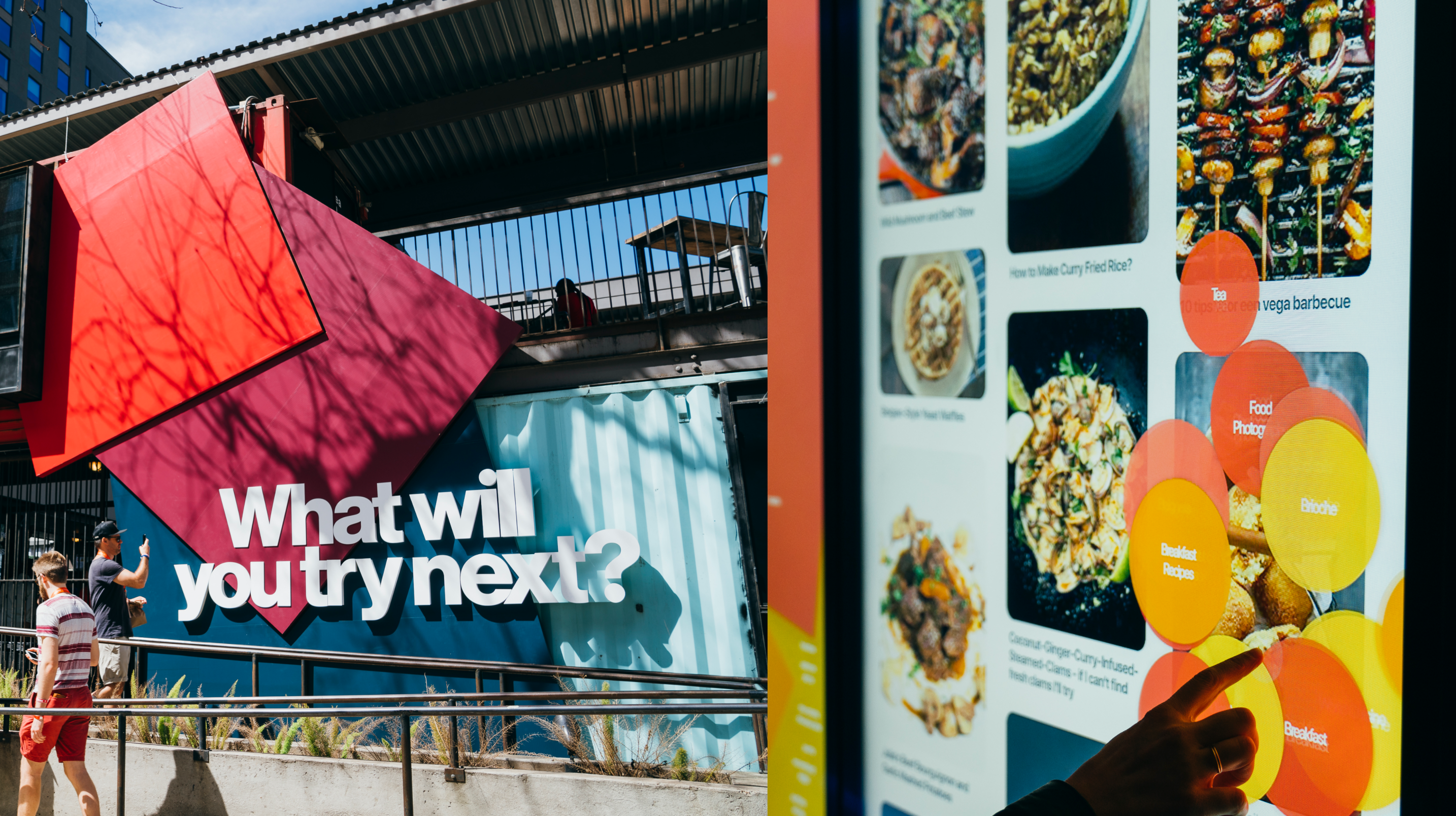Pinterest's SXSW 2018 activation — a bright outdoor installation asking “What will you try next?” beside a wall of colourful boards