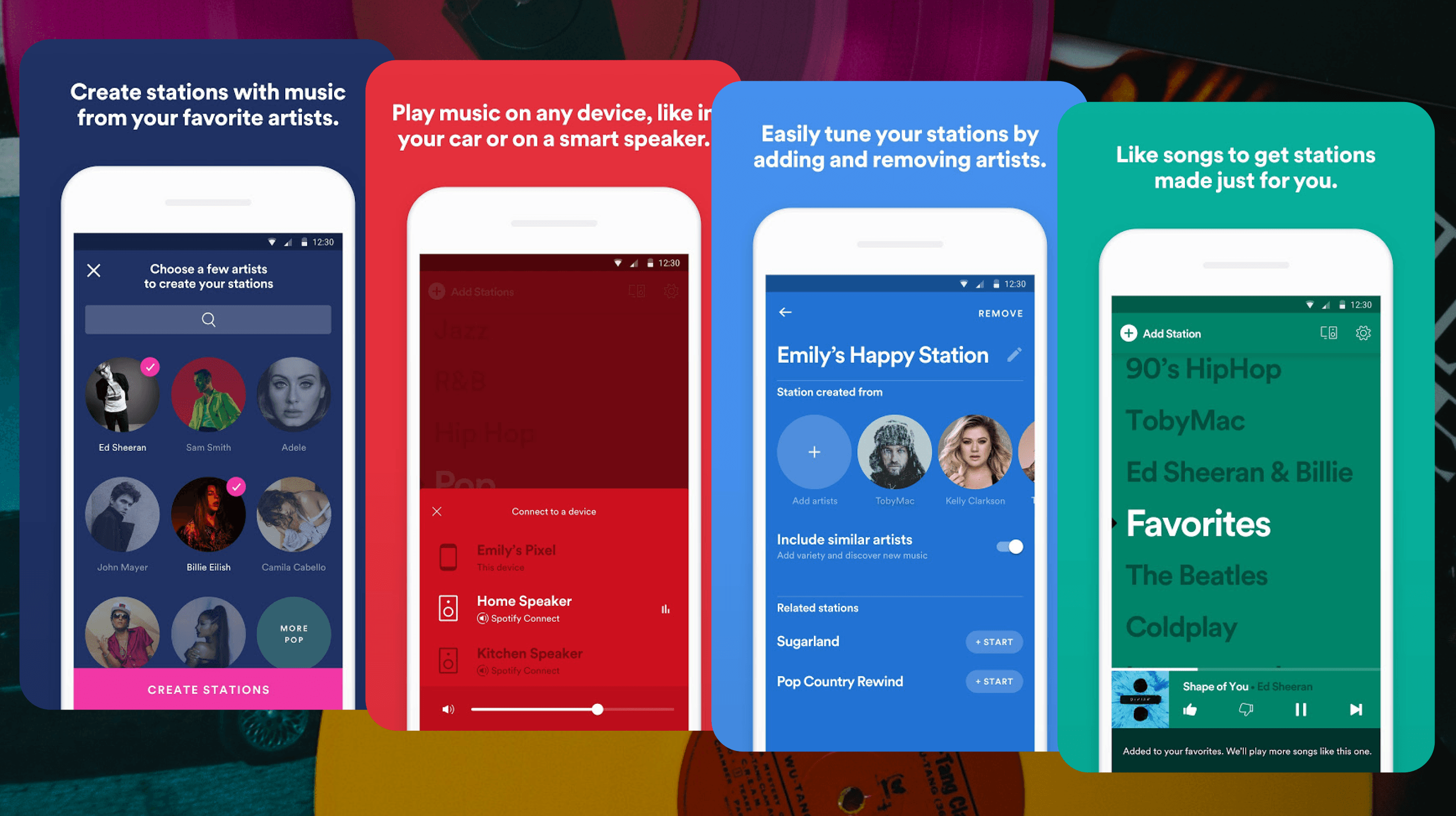 Four screens from Spotify Stations: building a station from artists you like, playing it anywhere, editing the artist list, and the Favorites station