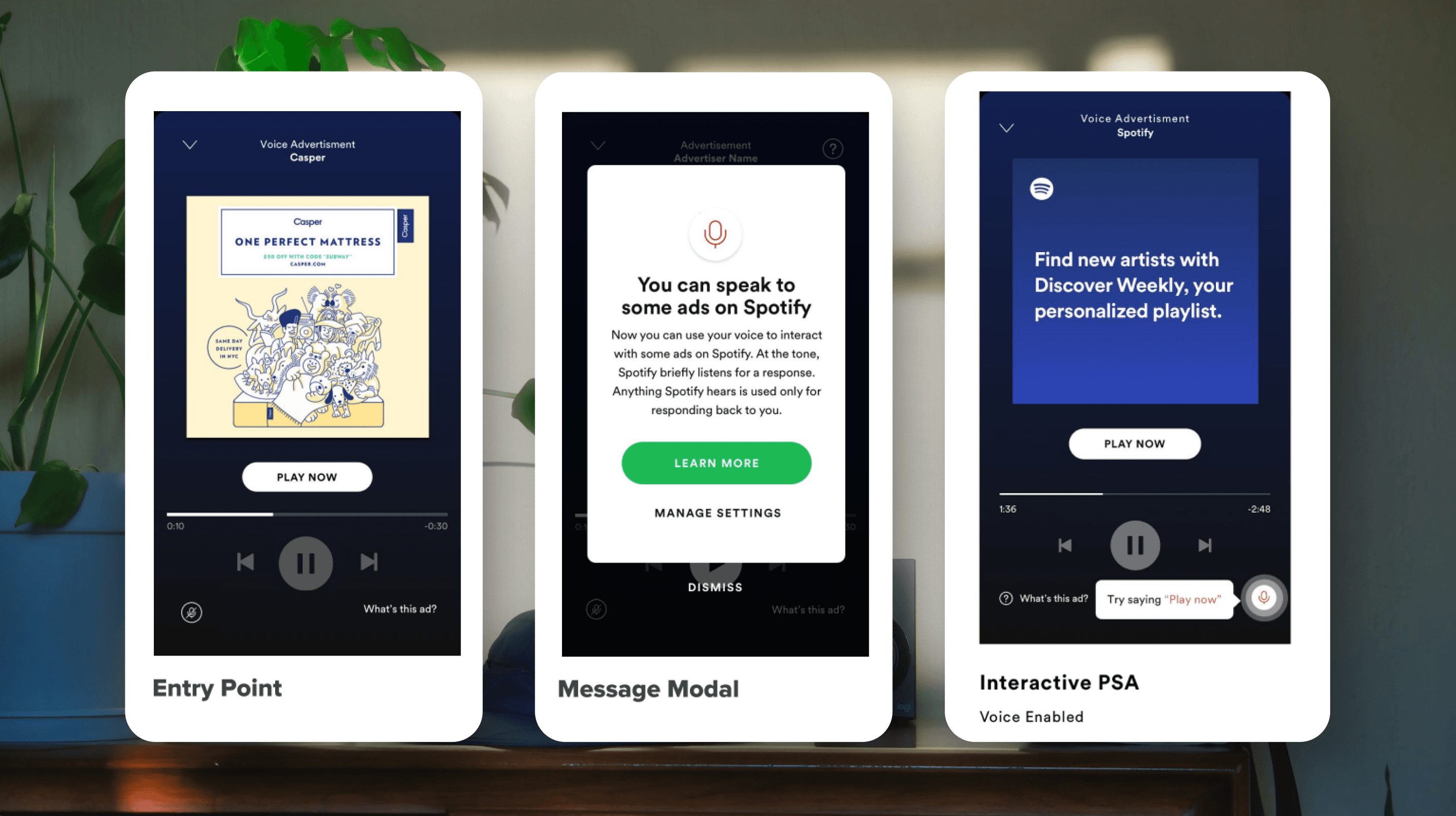 Three screens from Spotify's interactive voice ads — the entry point, the spoken prompt, and a voice-enabled PSA