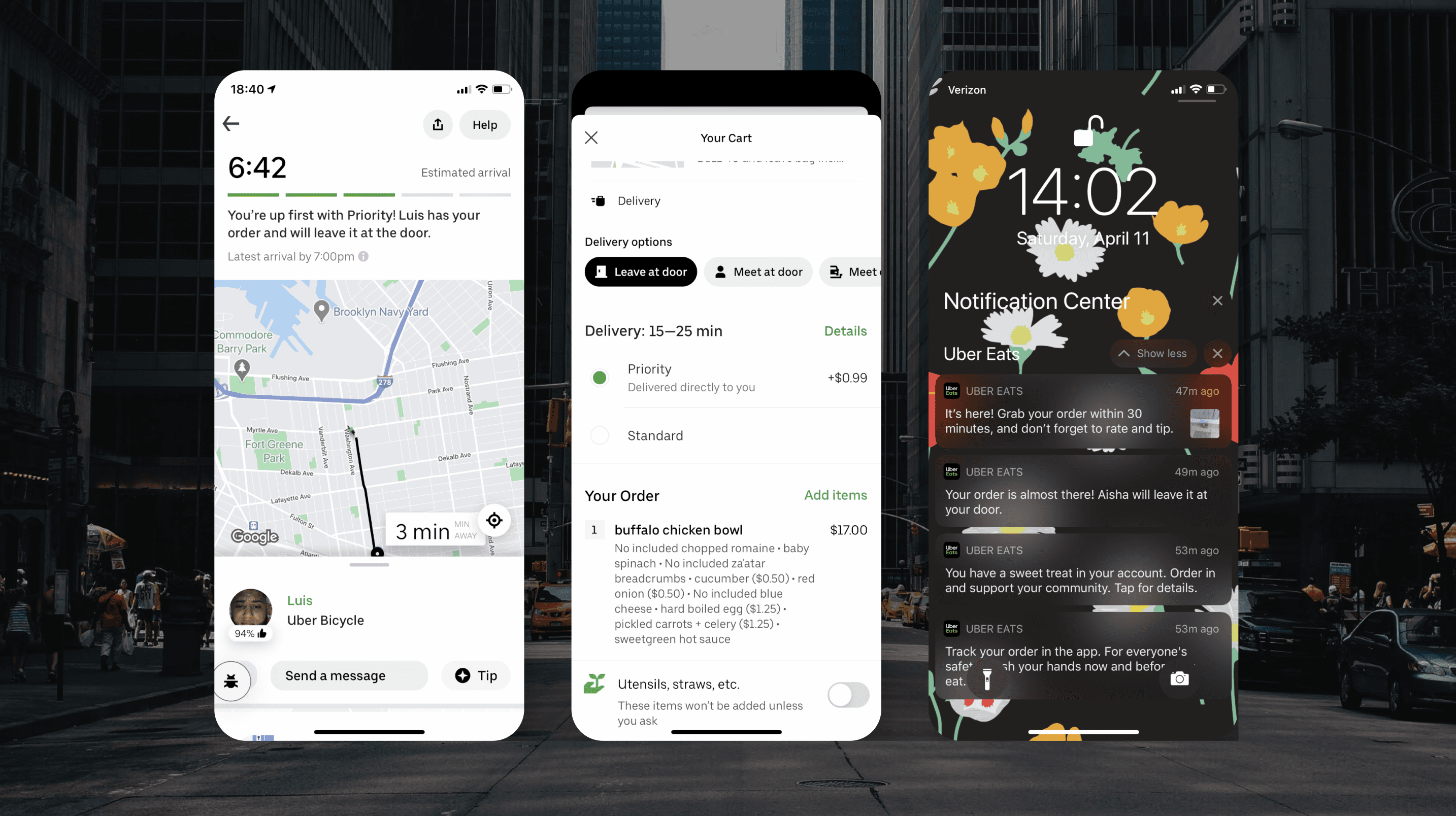 Three phones on a night street — a courier's route and ETA, the cart's delivery options, and the order's push notifications on a lock screen